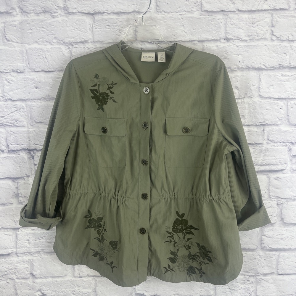 Chico's Embroidered Boho Cottagecore Hooded Utility Shacket 2P (LP) Green